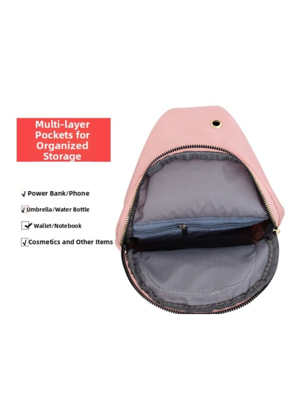 Quilted Black Nylon Sling Backpack With Gold Zippers & Adjustable Strap Lightwei - Picture 7 of 7